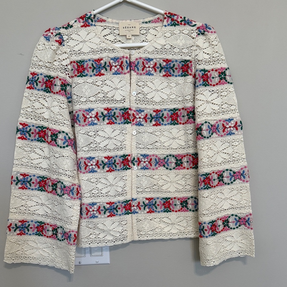 Sezane Matika Cream Crochet Cardigan with Multicolor Floral Bands